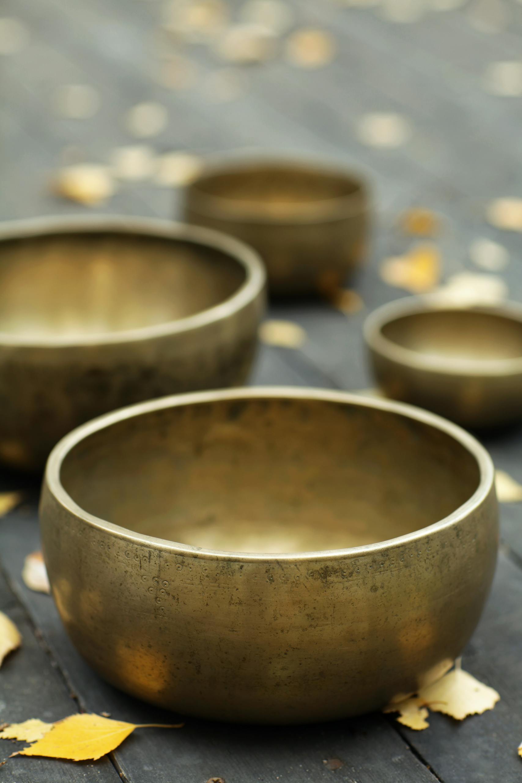 Antique Tibetan singing bowls on a wooden surface surrounded by autumn leaves.